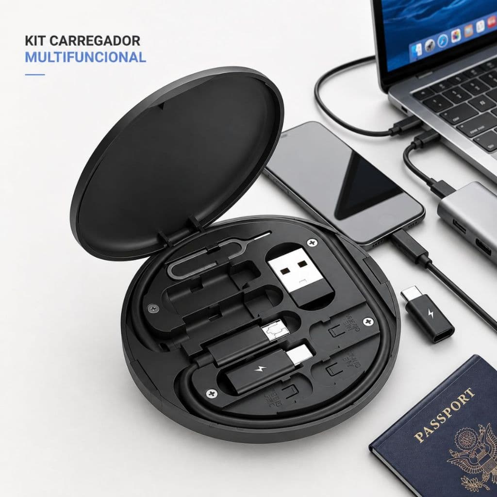 Kit de Adaptador de Carregador Multifuncional 6 em 1 60W – Adaptadores Type-C, USB, Lightning e Micro USB para Viagem