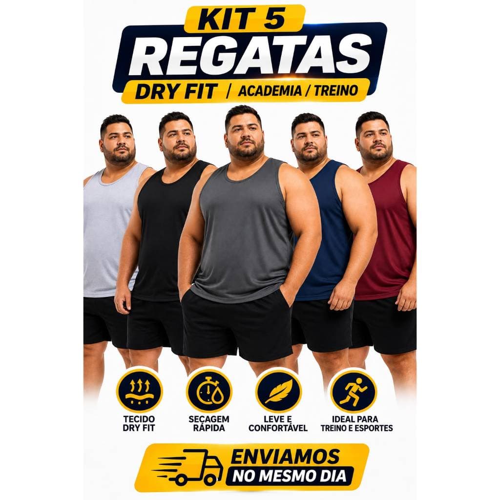 Kit 5 Regatas Dry Fit Plus Size Masculina Academia Treino Caminhada Leve Secagem Rápida