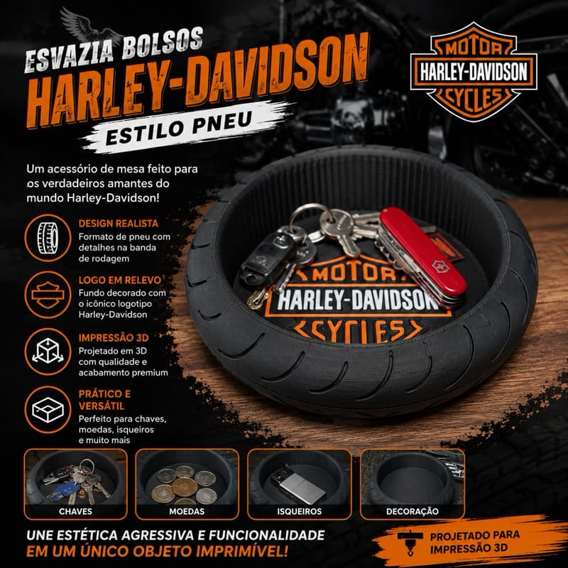 Esvazia Bolsos Estilo Pneu Harley-Davidson | Organizador de Mesa em Impressão 3D para Chaves, Moedas e Objetos