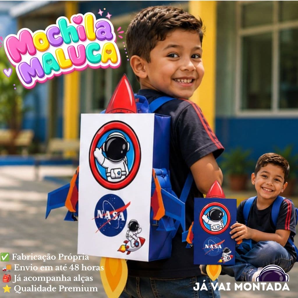 Mochila Maluca ASTRONAUTA Infantil 40x24cm l Já Pronta