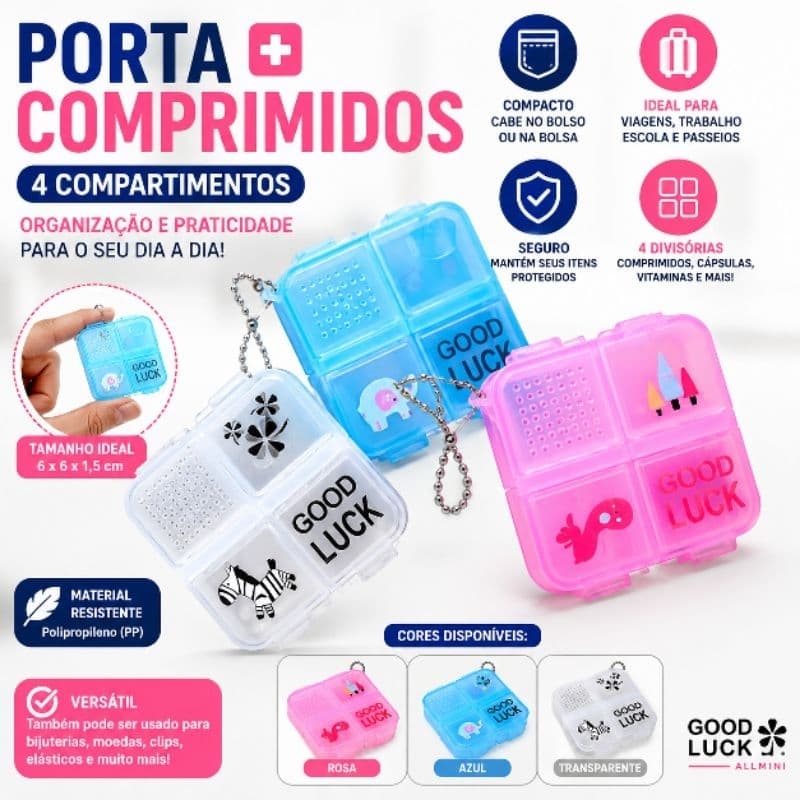 Porta Comprimidos 4 Compartimentos Good Luck Allmini Organizador de Remédios Compacto Rosa Azul Transparente