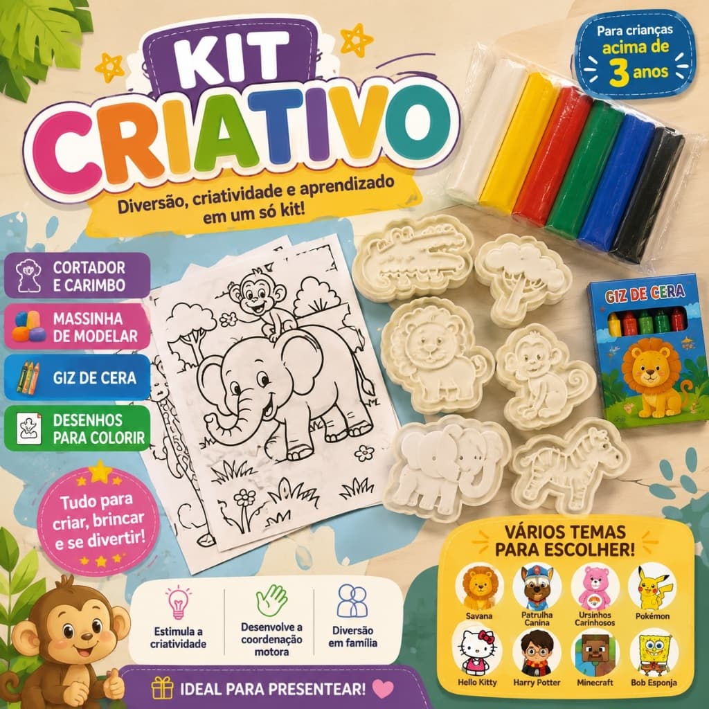 Kit Massinha de Modelar Infantil com Cortador, Carimbo, Giz de Cera e Desenhos para Colorir | Vários Temas | +3 Anos