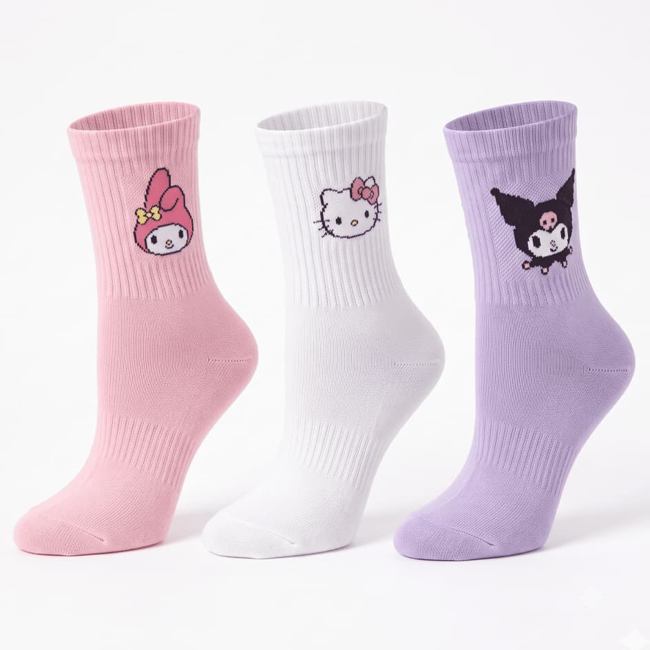 Kit 3 Pares de Meia Infantil Kuromi Hello Kitty Menina My Melody Cano Médio Canelada Meia Divertida