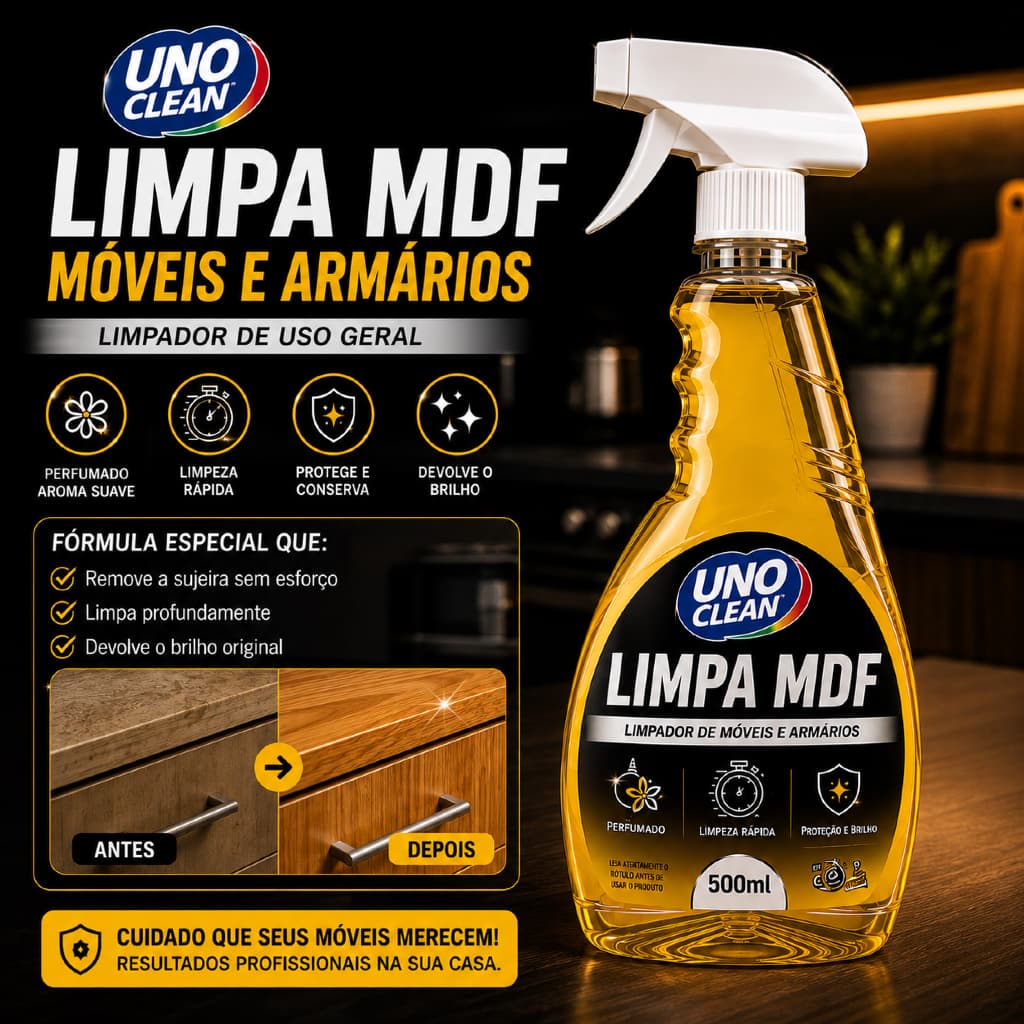 Limpa MDF 500ml Spray Perfumado Limpeza Rápida Móveis Armários Remove Sujeira Gordura Não Danifica