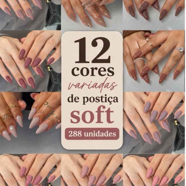 Kit Unhas Postiças Soft Nude 12 Cores 288 Unidades Amendoada Curvatura Natural