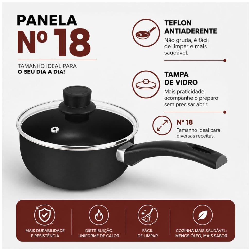 Panela 18cm teflon antiaderente tampa de vidro Elegante