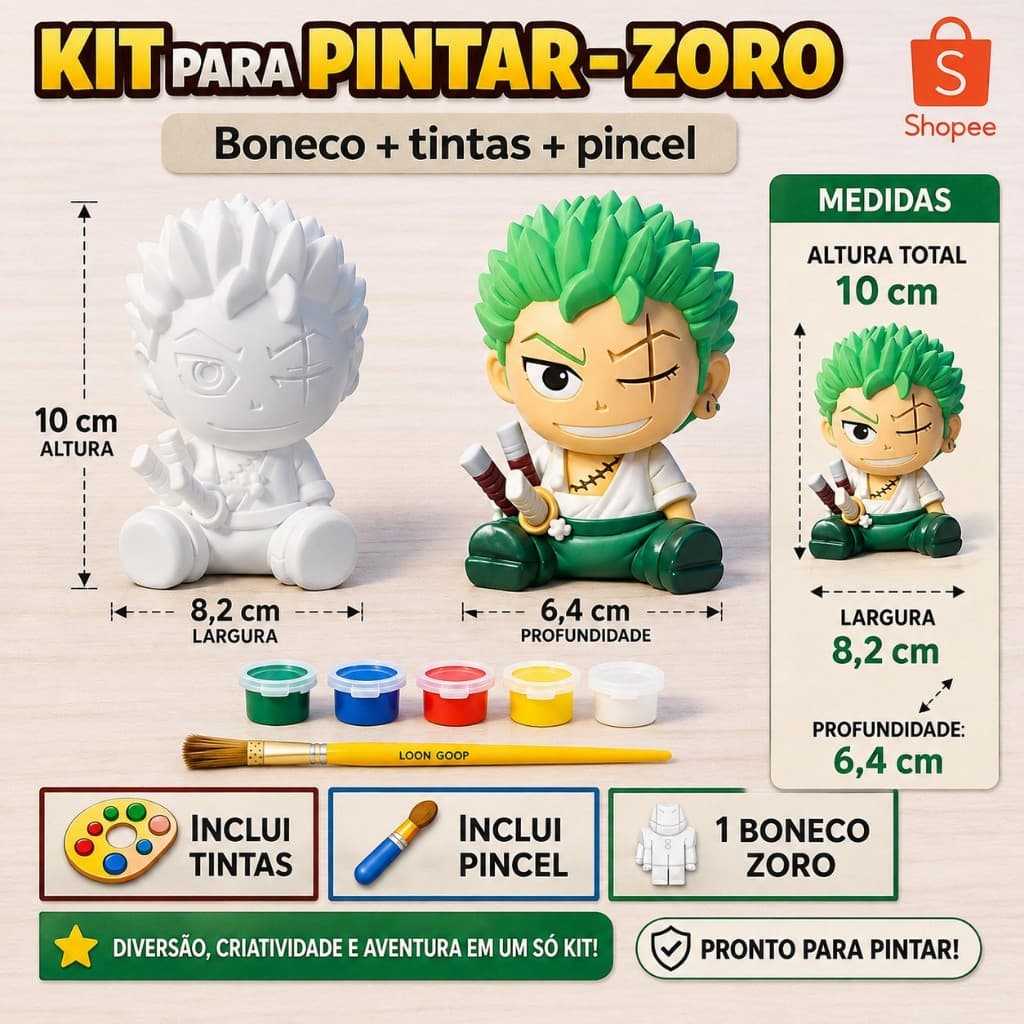 Boneco Zoro One Piece Para Colorir Pintar Com 6 Tintas Para Crianças Brinquedo de Pintura Infantil Educativa