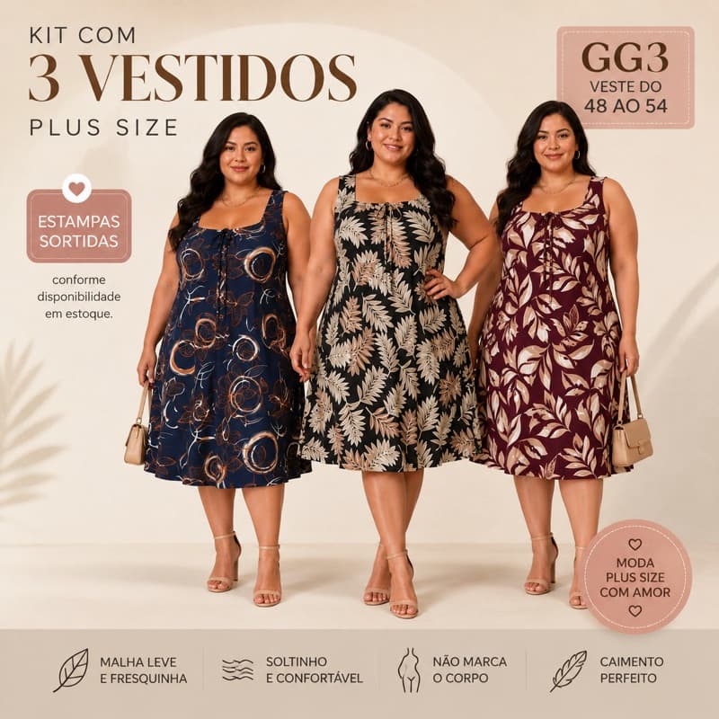Kit 3 Vestidos Plus Size GG3 Regata Malha Leve Veste 48 ao 54 Estampas Sortidas Soltinho Fresquinho Verão