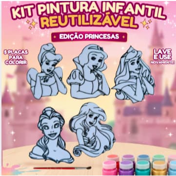 Kit Pintura Infantil Princesas 5 Placas Reutilizável – Lave, Pinte e Use Novamente ,com tinta e pincel