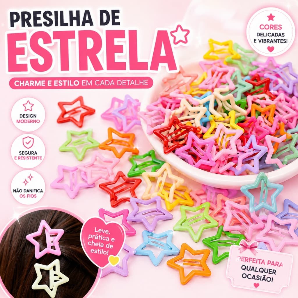 Kit Presilhas de Cabelo Estrela Coloridas Cores Sortidas 10 20 50 100 Unidades