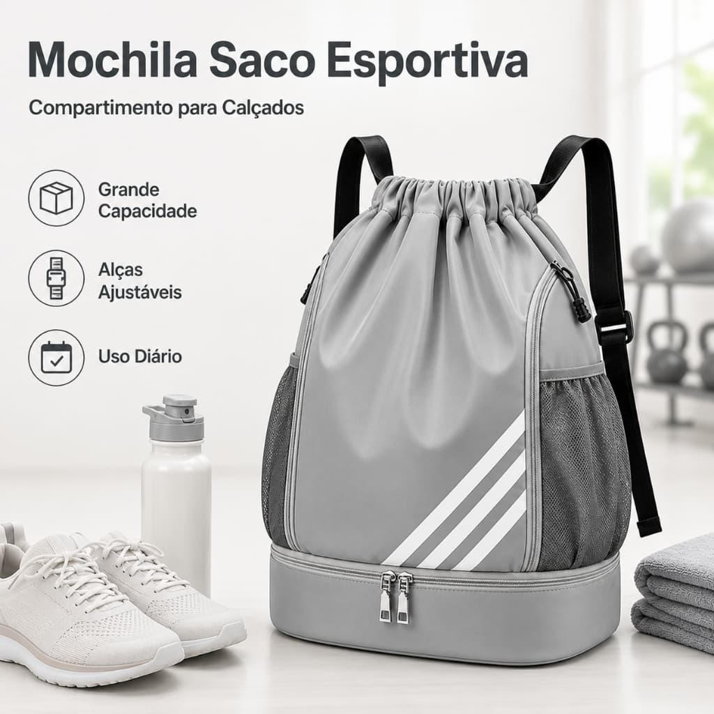 Mochila Saco com Compartimento Inferior para Calçados Bolsa Esporte Academia Viagem Escolar Unissex Cor Cinza