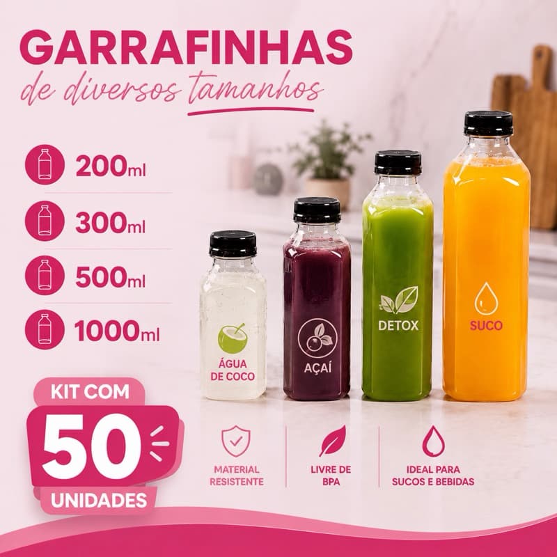 Kit 50 Garrafas PET Quadrada Tampinha Com Lacre Sucos Açaí Detox 200ml 300ml 500ml 1L