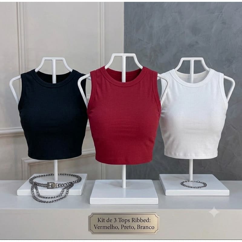kit de 3 Cropped Regata Feminina Suplex Gola Redonda Blusa Básica Estilo Gringo Moda Blogueira (001)