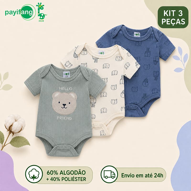 Payifang Kit 3 Bodies Bebê Menino Ursinho Azul e Cinza Manga Curta 60% Algodão 3M 6M 9M