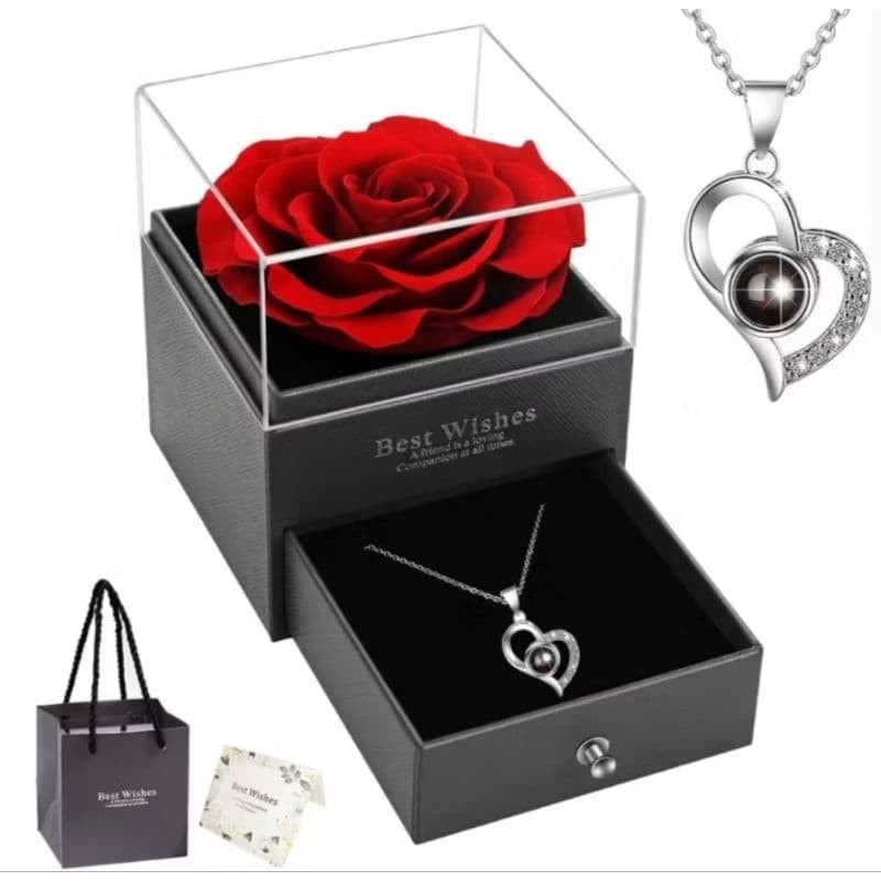 Caixa Presente Rosa perfumada E Colar Feminino Com Eu te Amo em 100 idiomas