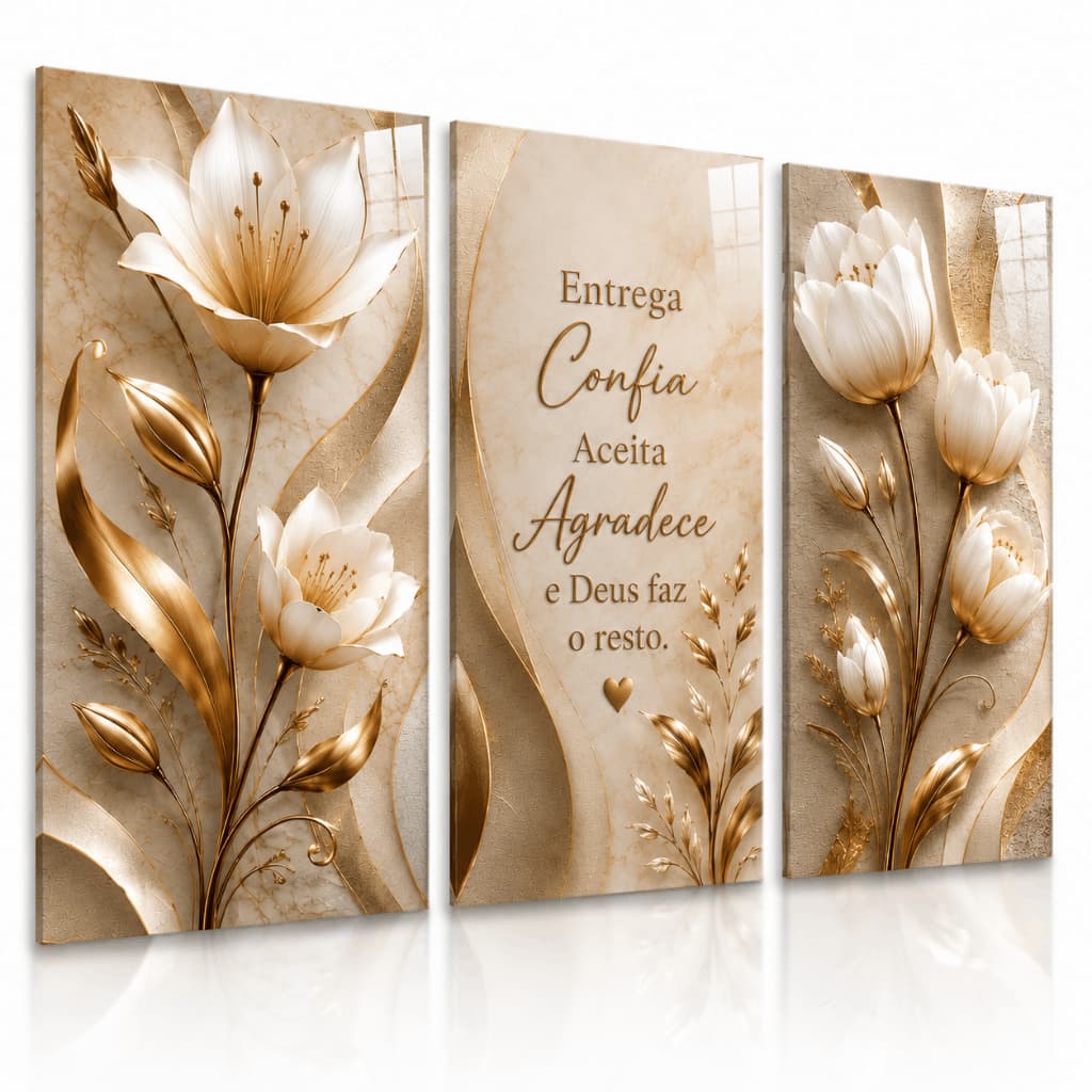 Kit 3 Quadros Decorativos Flores Brancas Dourado Frase Cristã Deus Sala Quarto MDF Parede Luxo