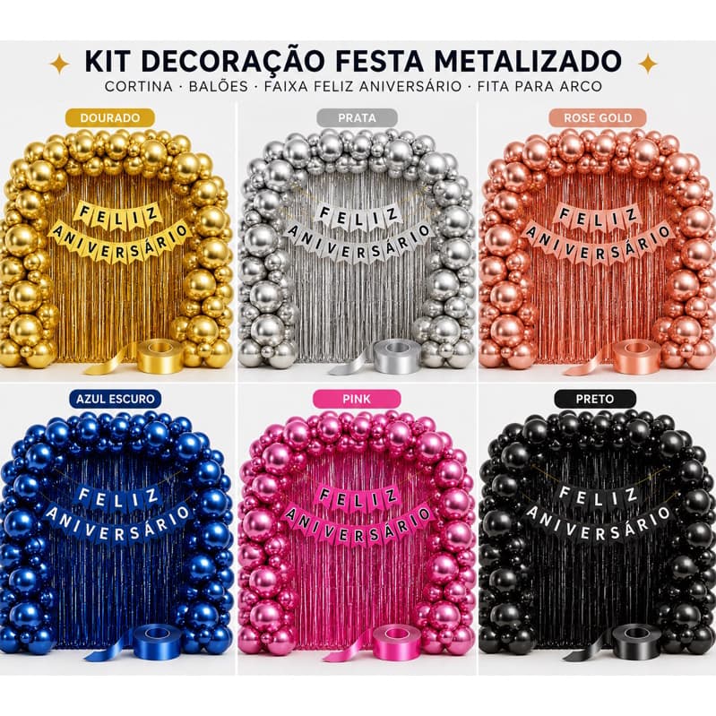 Kit decoração festa metalizado com cortinas, balões, faixa feliz aniversário e fita para arco
