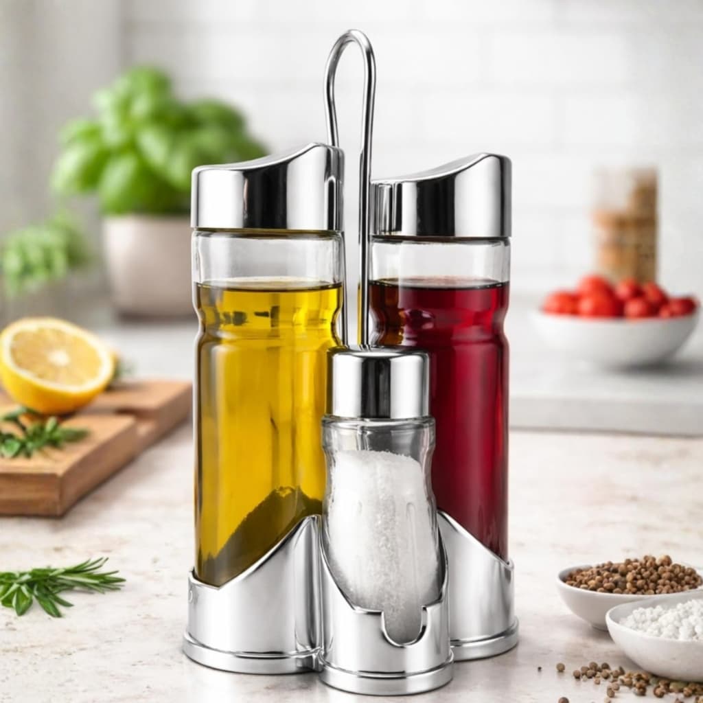 Galheteiro de Vidro com Suporte Cromado para Azeite, Vinagre, Pimenta e Sal, Conjunto com 4 Peças
