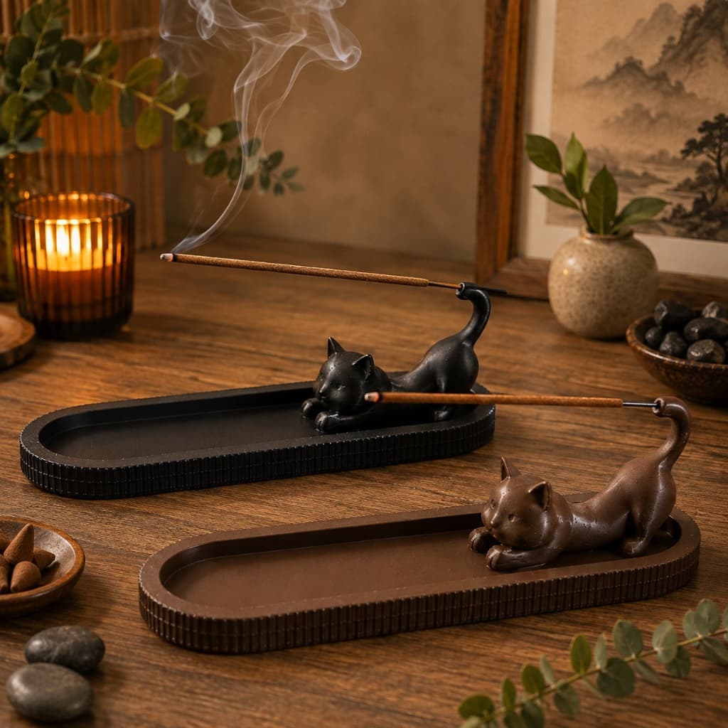 Porta Incenso Gato Suporte para Incenso Decorativo Incensario Zen Decoração Boho