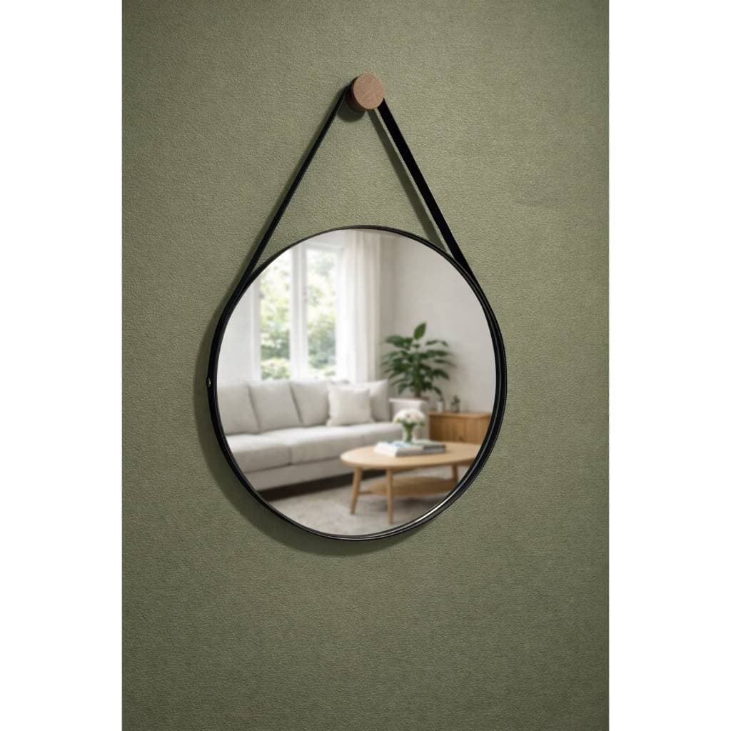 Espelho Redondo Decorativo com Alça de Couro Sintético | Moderno para Sala, Quarto e Banheiro