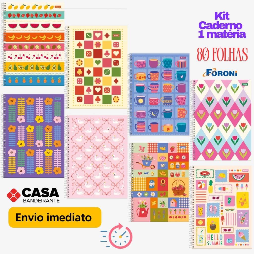 Kit 12 Caderno Foroni Espiral Capa Dura Universitário 1 Matéria 80 Folhas Feminino Grande