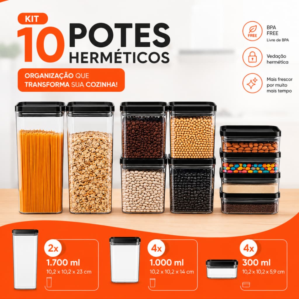 Kit Pote Hermético Transparente Vedação Preta e Tampa Preta Acrílico Alimentos Porta Mantimentos Quadrado Luxo de Casa