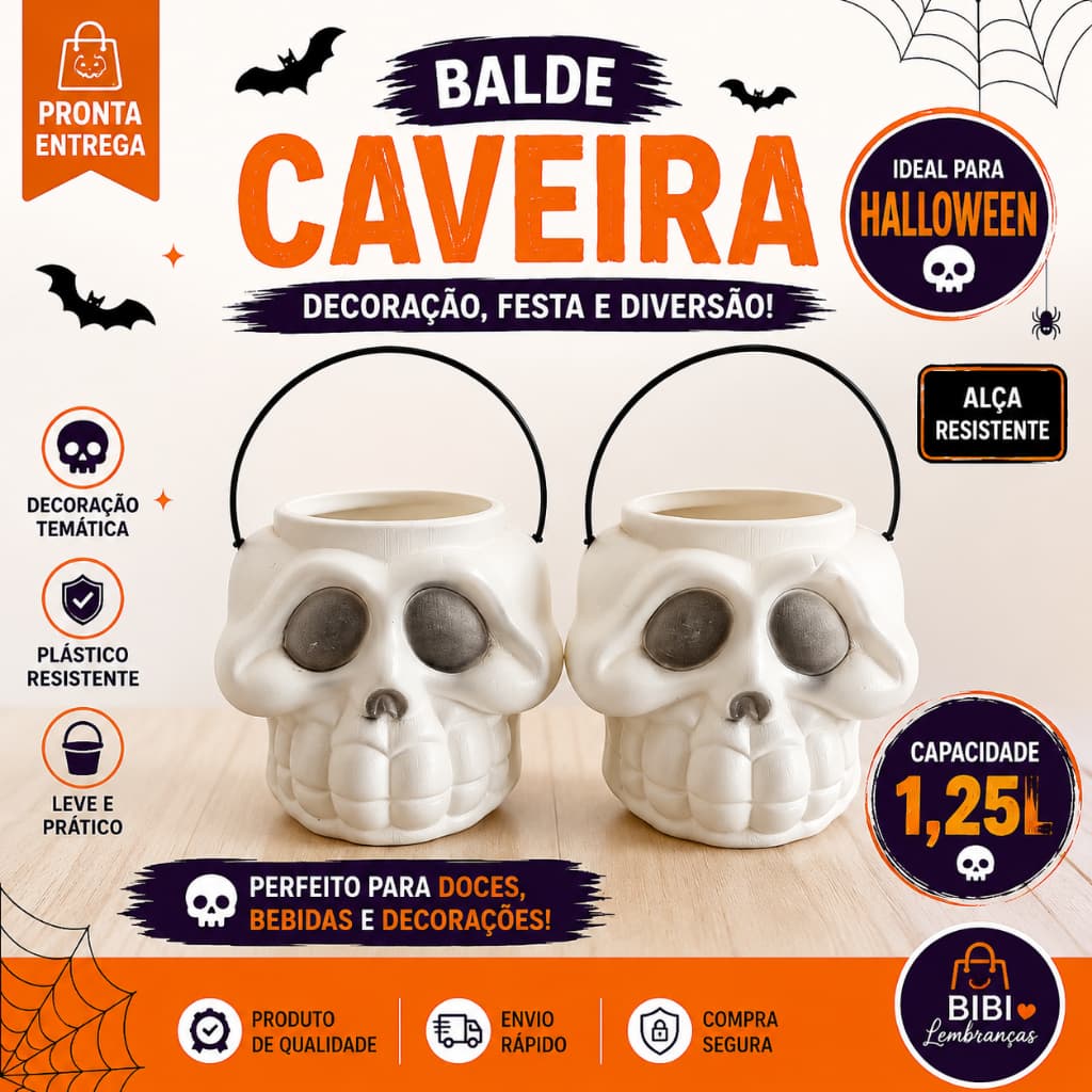 Balde Caveira Halloween 1,25L Plástico Reutilizável com Alça Decoração Festa Temática