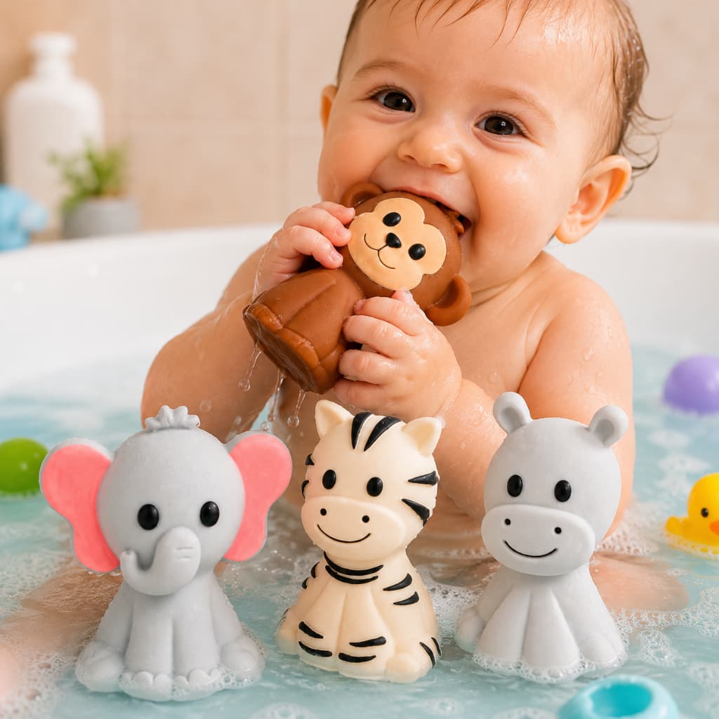 Mordedor Bebê Silicone Babu Banho Sensorial Antialérgico Macio BPA Free Elefante Zebra Macaco Hipopótamo