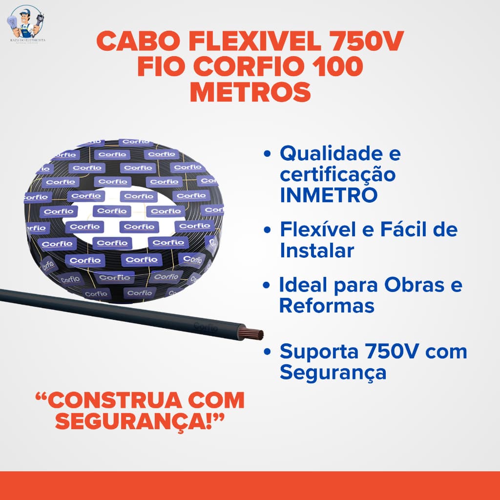 Cabo Flexível 2,5mm² 750V Rolo 100 Metros Corfio 100% Cobre Antichama