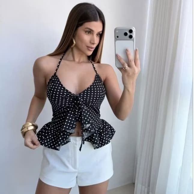 Blusa Feminina Crepe Babados Decote V Frente Única Tam 36 ao 42