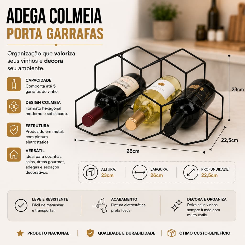 Adega Colmeia Porta Garrafas em Metal – 5 Garrafas | Design Moderno