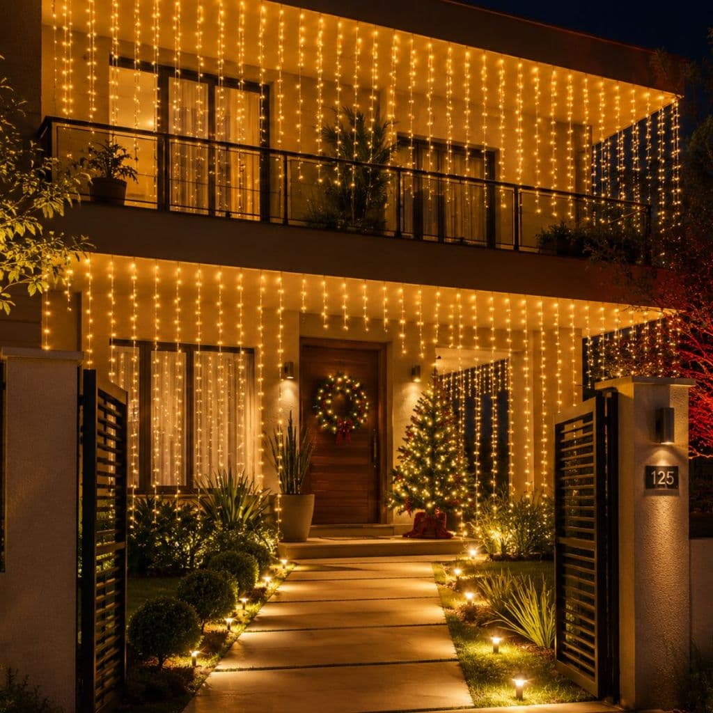 Cascata 400 Leds 10m Branco Quente Natal  8 Funções 110/220V Pisca/Fixo