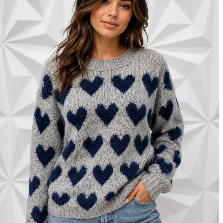 Blusa Feminina de Tricô Estampa Corações Suéter Quentinho Inverno Casual Chic Outono Trico