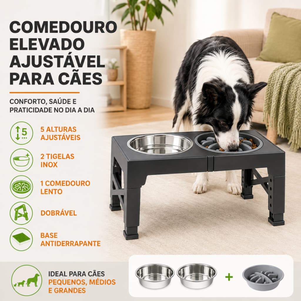 Comedouro Elevado Ajustável 5 Alturas para Cães, Dobrável com 2 Tigelas Inox + Comedouro Lento