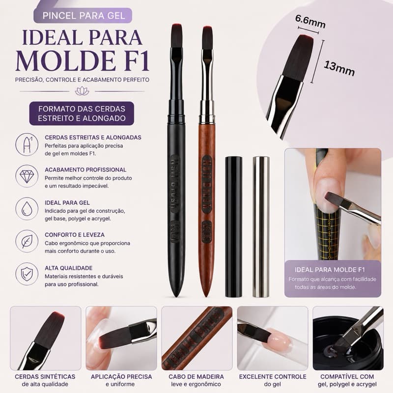 Pincel Para Gel molde F1 Profissional Cerdas Retas Alongadas Unhas Gel Acrigel Polygel Nail Art