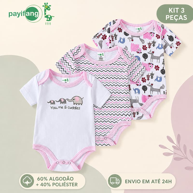 Payifang Kit 3 Bodies Bebê Menina Elefante e Chevron Manga Curta 60% Algodão 3M 6M 9M