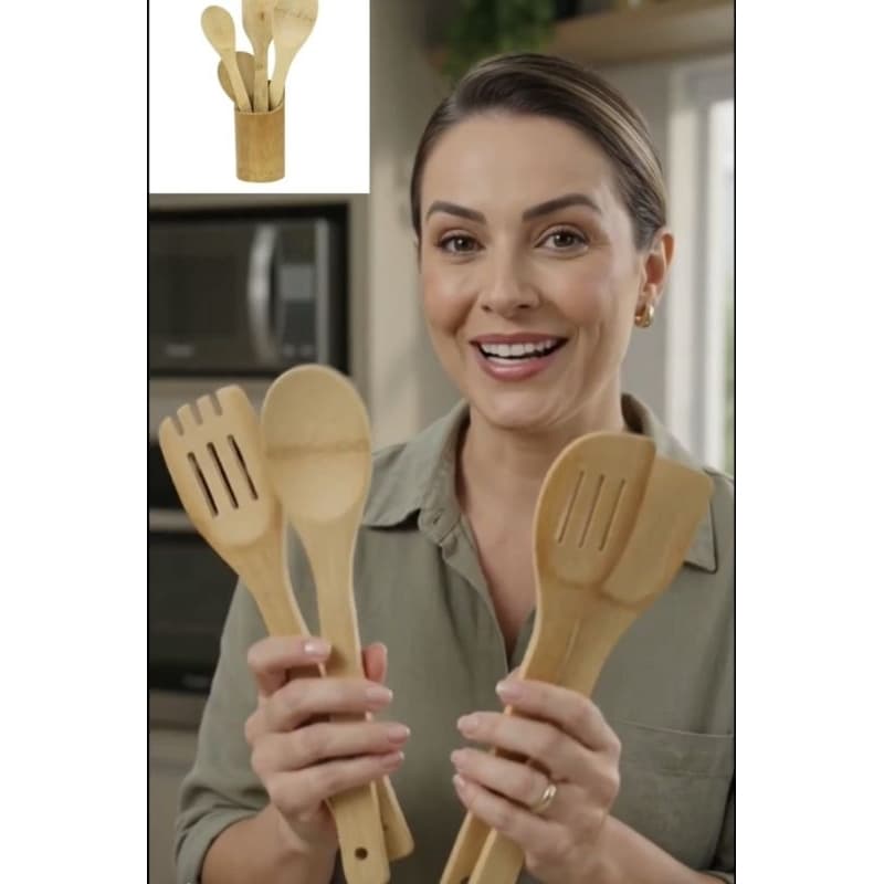Conjunto utensílios de bambu 5 peças Cozinha colherer casa
