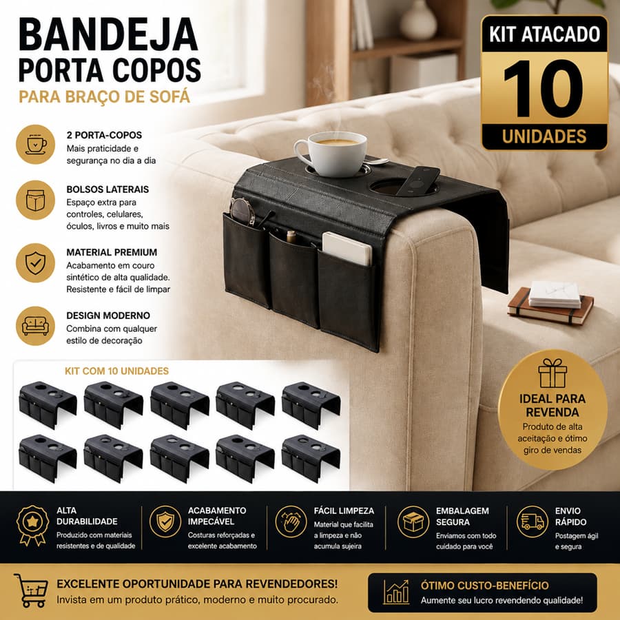 Kit com 10 Bandejas Porta Copos e controles para Sofá | Atacado para Revenda
