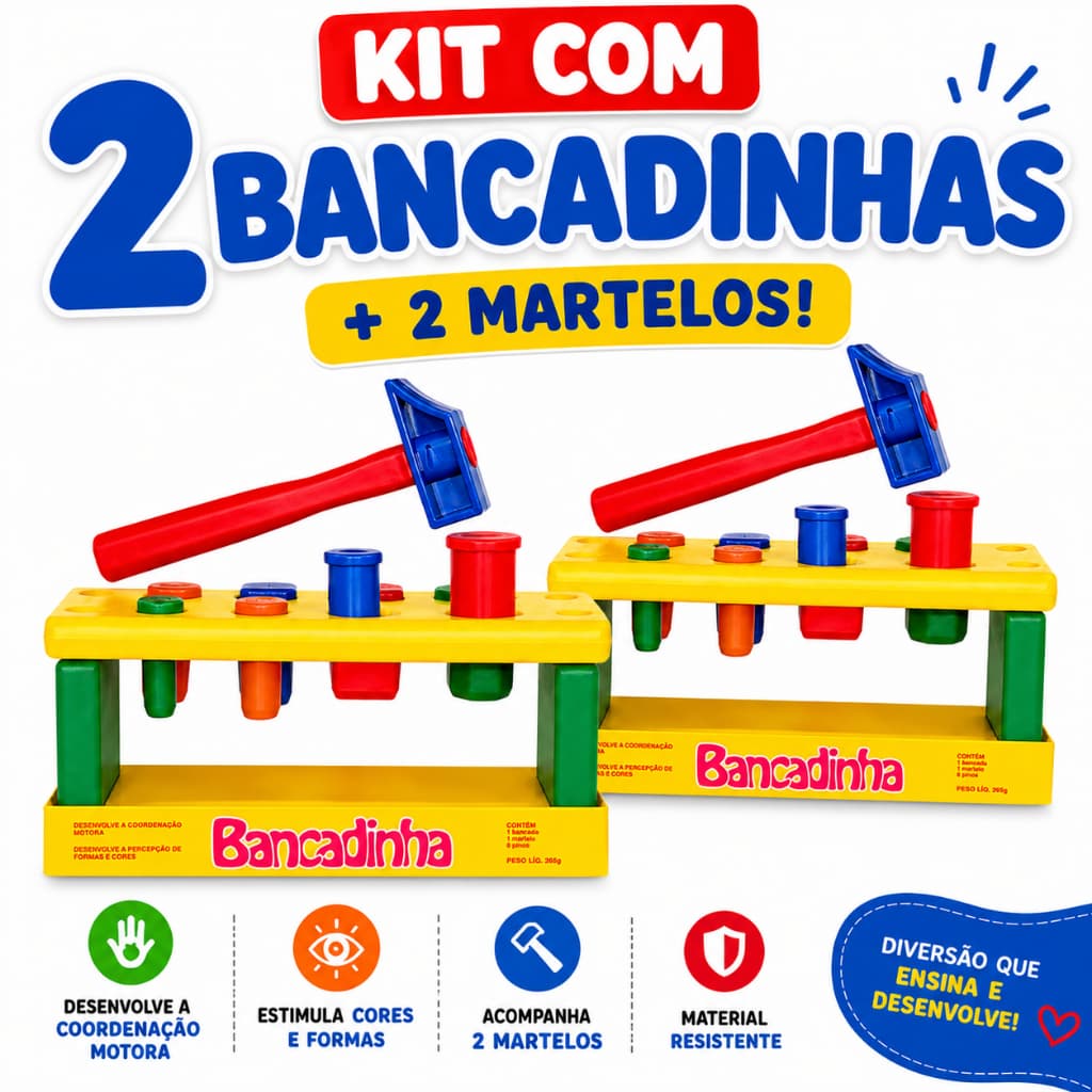 Brinquedo Educativo Infantil Bancadinha com Martelo Encaixe Formas Geométricas Coordenação Motora