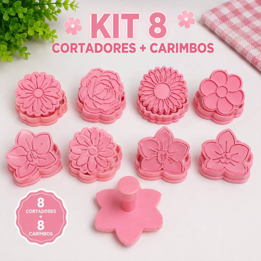 Kit 8 Cortadores + Carimbos de Flores – Impressão 3D