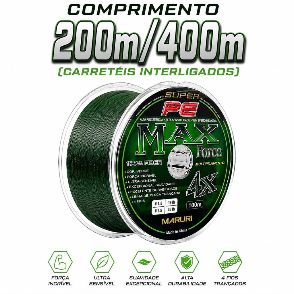 Linha De Pesca Max Force 4x Multifilamento 200m/400m Interligados Resistência Sem Efeito Memória