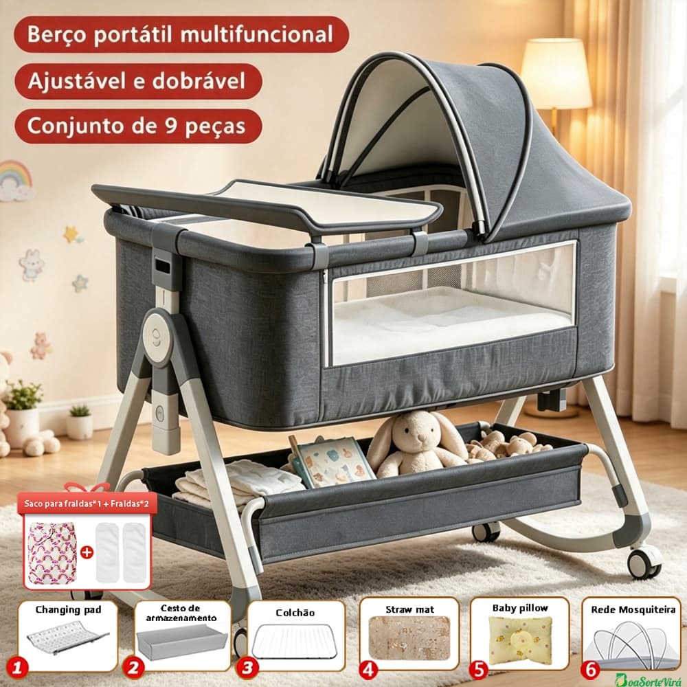 Berço Moises Portátil Co-bed Com Balanço Mosquiteiro Cesto Regulagem De Altura E Anti Asfixia