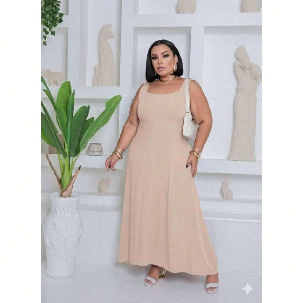 Vestido Feminino Longo Plus Size Liso Elegancia G/GG/G1