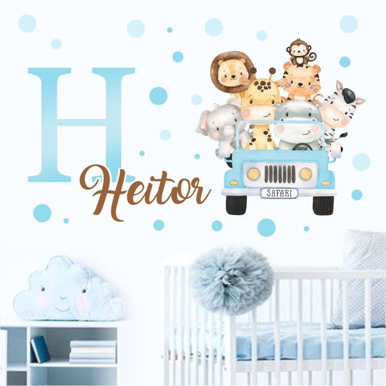 Kit Adesivo Decorativo Carro Safari Aquarela + Bolinhas Azul Quarto Infantil Nome