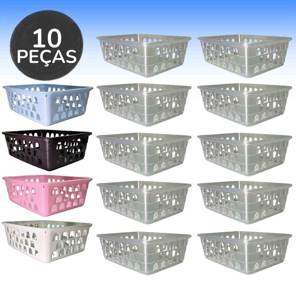 Cesto Organizador Kit 10 Peças Medio 20x16x6Cm Branco Transparente Preto Azul Rosa