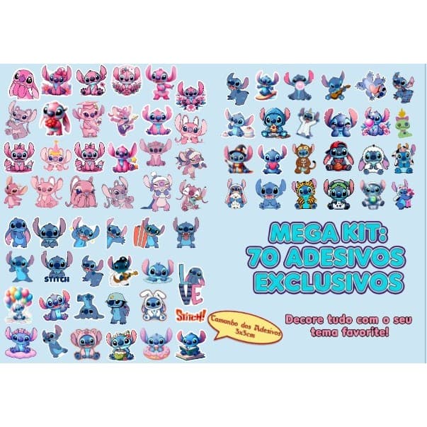 70 Adesivos Stitch (A5) Papel Fotográfico– Para Planner, Agenda, Scrapbook, Infantil e Decoração