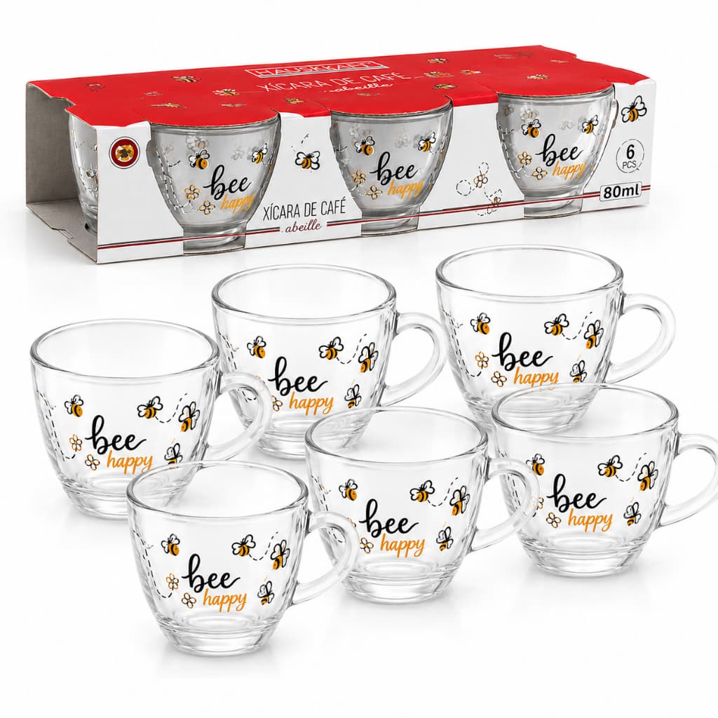 Kit Com 6 Xícaras De Café De Vidro 80ml Bee Happy Haüskraft