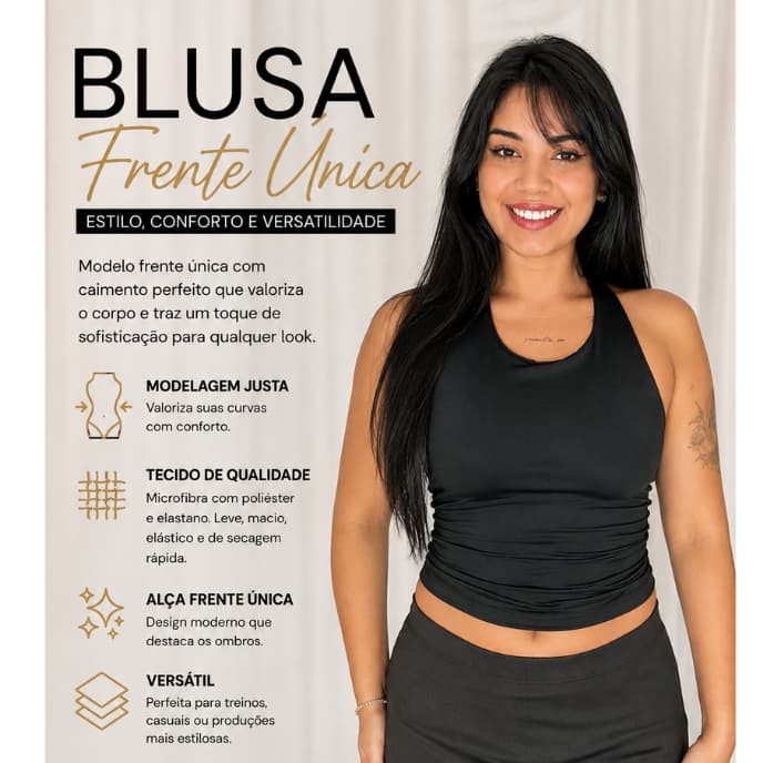 Frente Única Alça Pescoço Preta Justa Modelagem