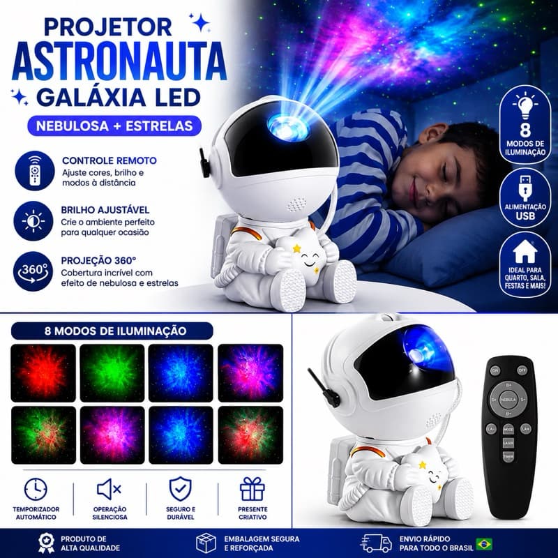 Projetor Astronauta Galáxia LED – Nebulosa + Estrelas | Controle Remoto | 8 Efeitos de Iluminação