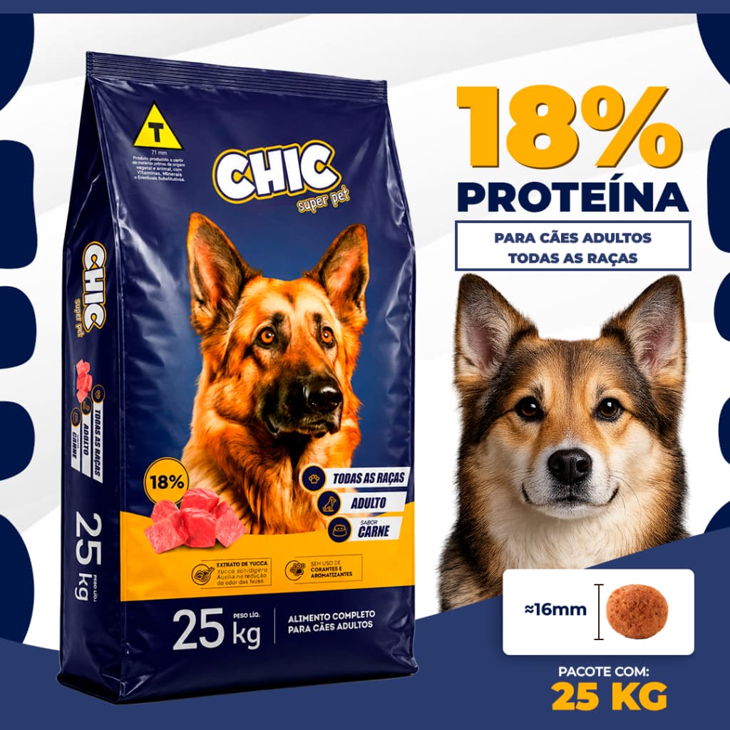 Ração Cachorro 25kg Chic Super Pet Adulto Todas as Raças Sabor Carne 18% Proteína